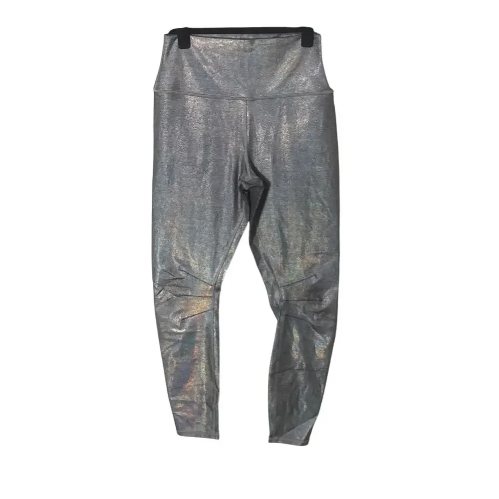 Alo Yoga Silver Metallic Holographic Leggings Athleisure Shimmer‎ Size M